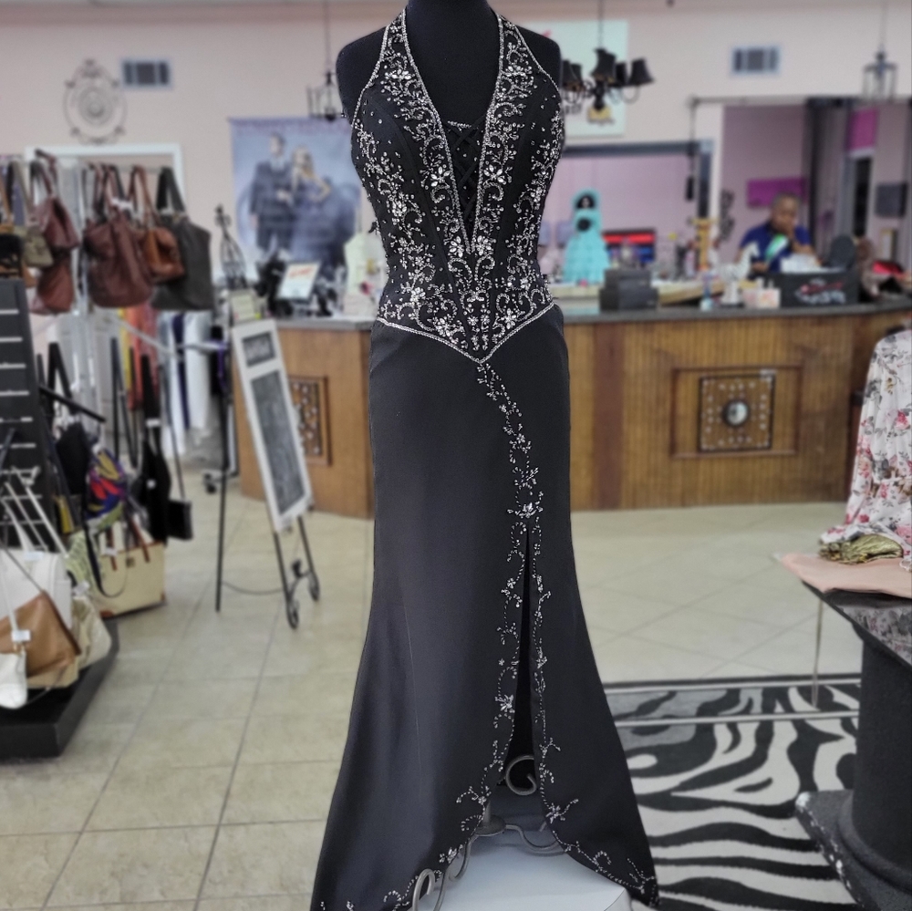 Long black sequence halter evening/prom dress
